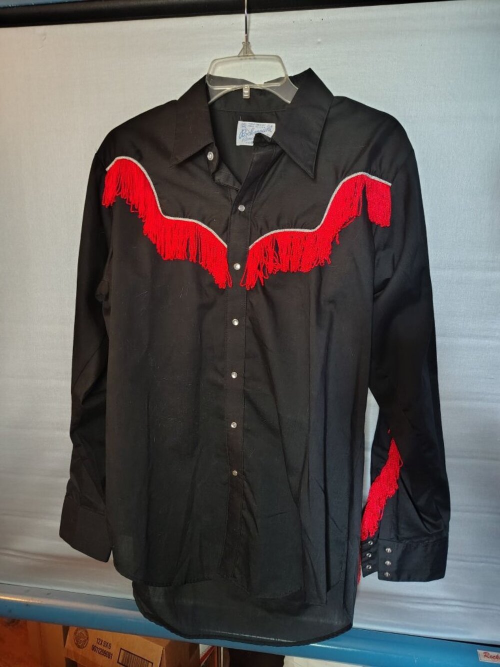 Rockmount Ranch Wear Black Western Shirt With Red Fringe & Pearl Snaps Mens 16.5